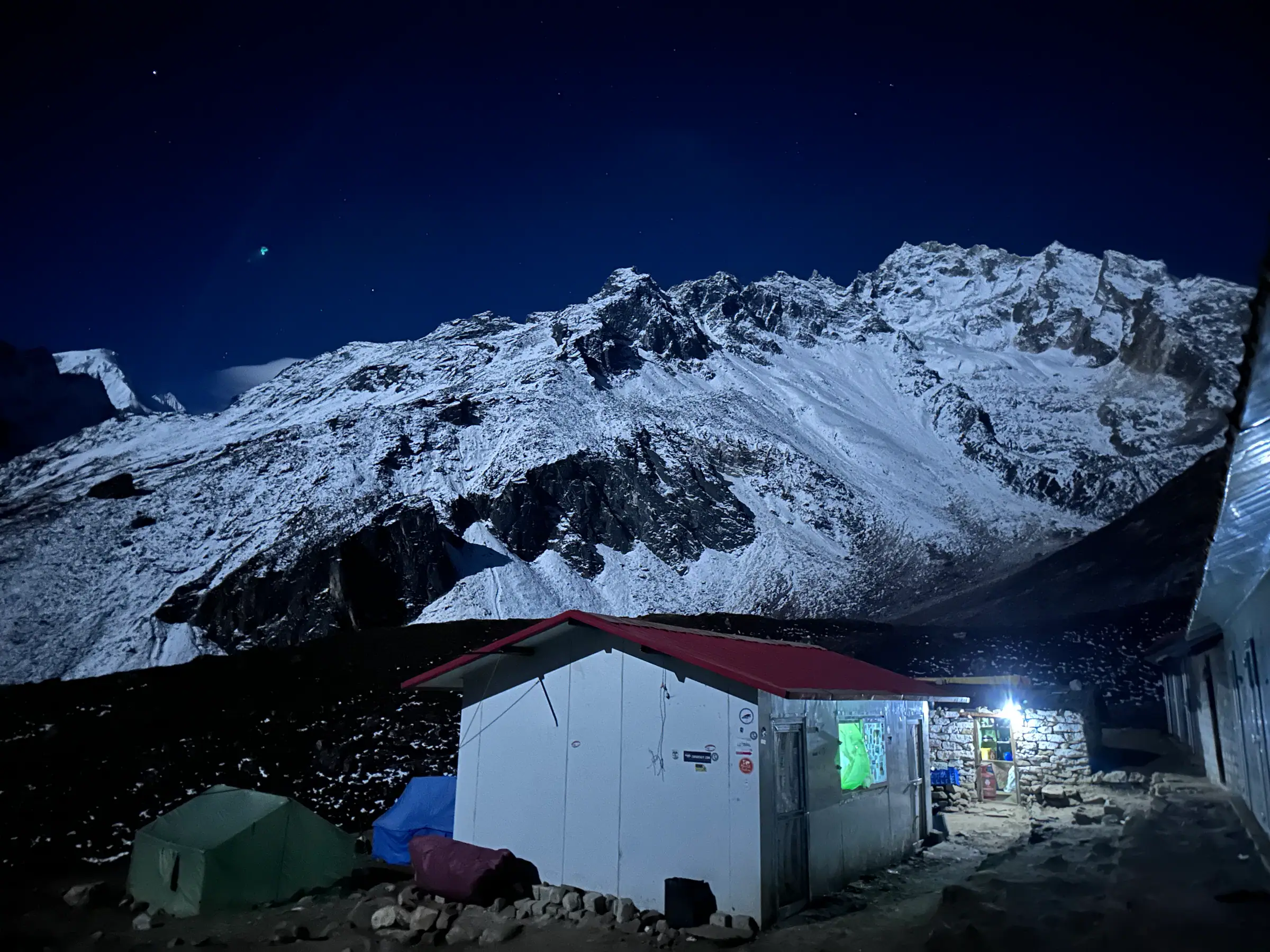 The huts at Dharamsala, also called Larkya Phedi, at 4,460 m on the night before the Larkya La crossing